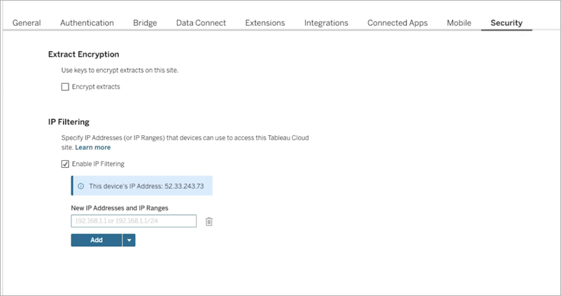 A Tableau Cloud security settings page displaying IP filtering options.