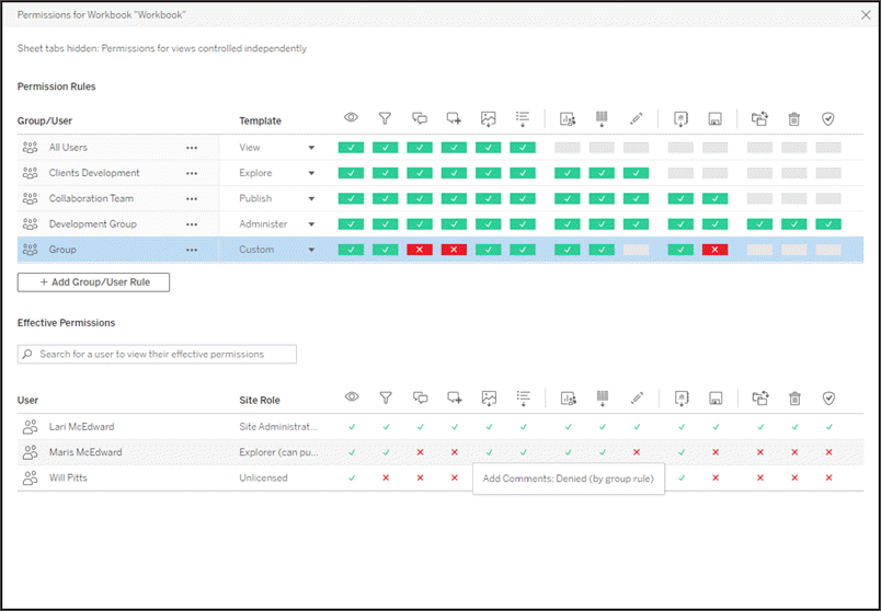 Workbook-level permissions dialog showing permission rules and effective permissions