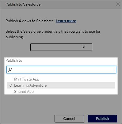Publish to Salesforce dialog showing the list of apps that you can choose from.