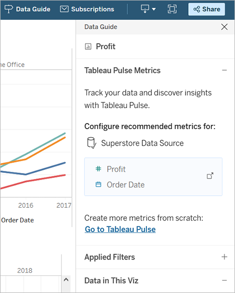 The Data Guide pane showing recommended metrics