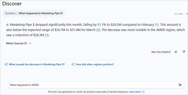 The Discover page in Tableau Pulse with insight brief text, a source metric and two suggested questions