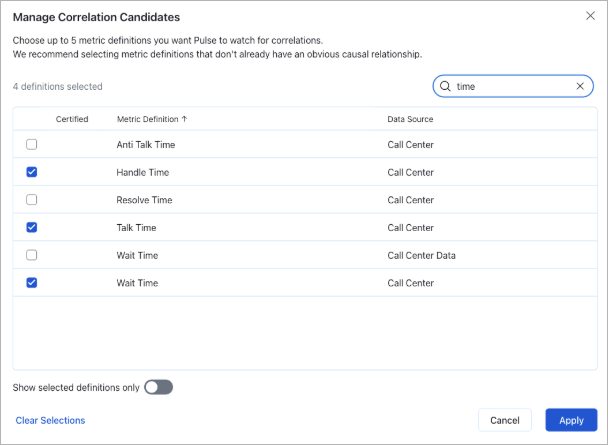 Options to select correlation candidates