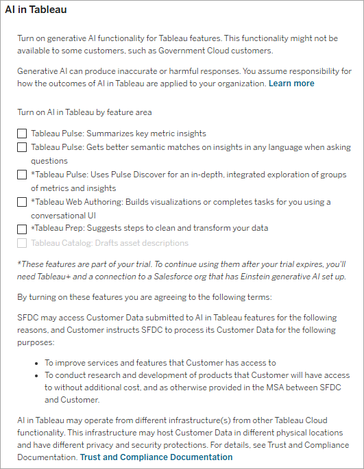 A section on the Site Settings page, General tab titled ‘AI in Tableau’, where you can turn on generative AI features for trials.