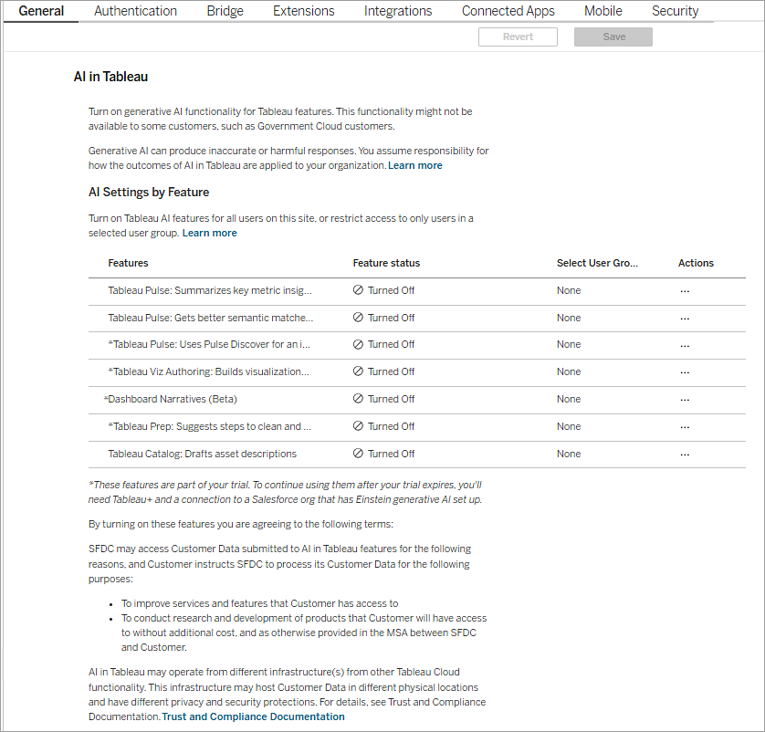 The AI in Tableau site settings page where you can turn on Dashboard Narratives for your trial site.