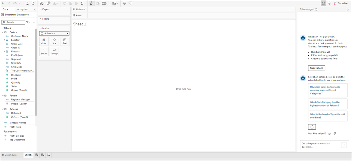 A blank canvas with the Einstein Copilot pane open displaying the Suggestions button.