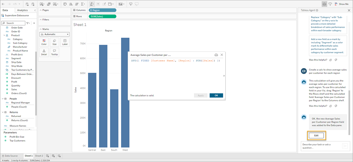 A viz showing a bar chart with the calculation editor and the Einstein Copilot conversation pane open. In the conversation pane, the Edit button is highlighted.