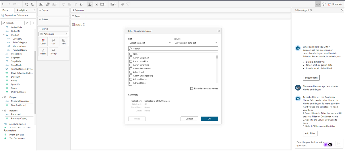 A visualisation canvas with the Einstein Copilot pane describing how to add a filter and an open filter dialog.