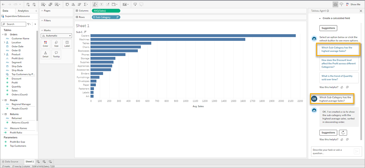 A worksheet showing a viz built by Einstein Copilot. The conversation pane is open and shows highlighted questions.