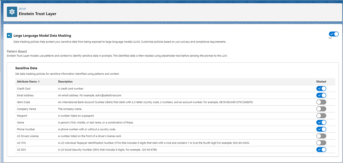 Einstein Trust Layer and PII masking settings page.