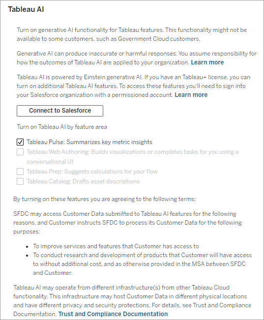 A section on the Site Settings page, General Tab titled "Tableau AI", which outlines the capabilities of Tableau AI, a powerful natural language processing tool. This section includes tick boxes that you can select to turn on generative AI features.