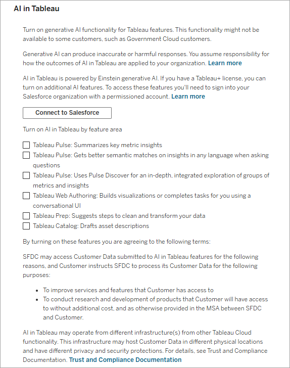 Site setting to enable features for AI in Tableau.