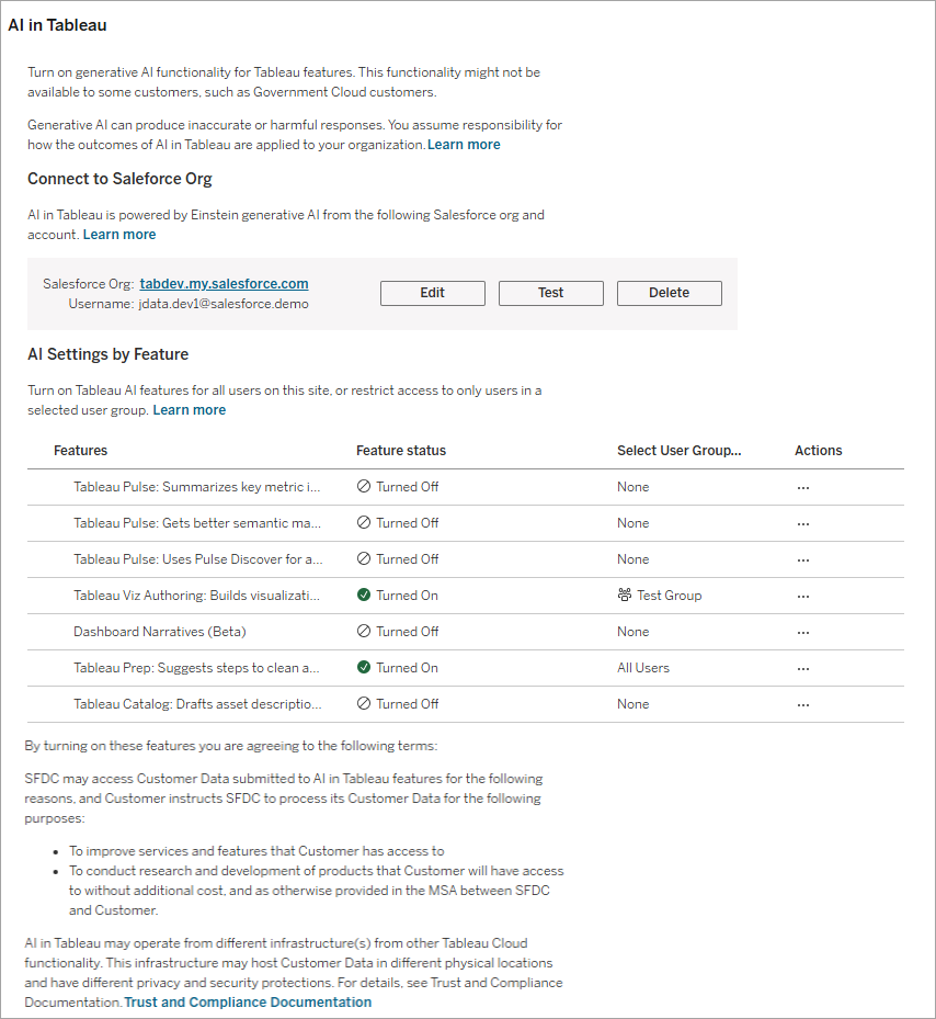 Site setting to enable features for AI in Tableau.
