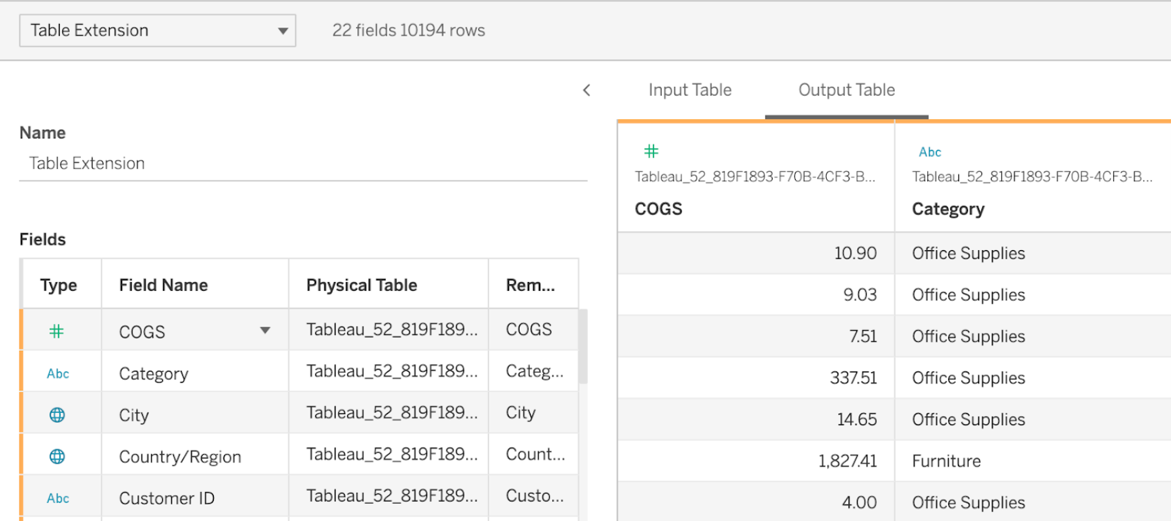 output results table