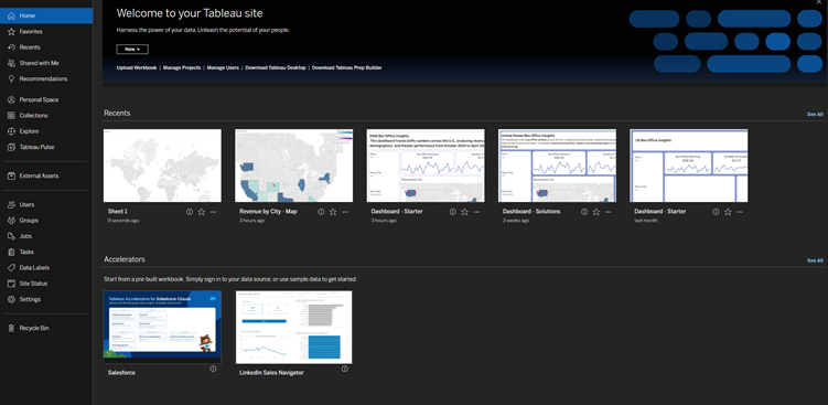 Dark mode theme set on a Tableau Cloud home page.
