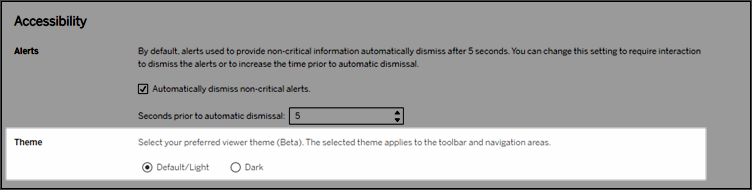 Theme settings under the accessibility setting in Tableau Cloud.