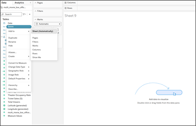 The Tableau Data Pane with Genre selected. Genre's context menu is open and the focus is on "Sheet (Automatically)".