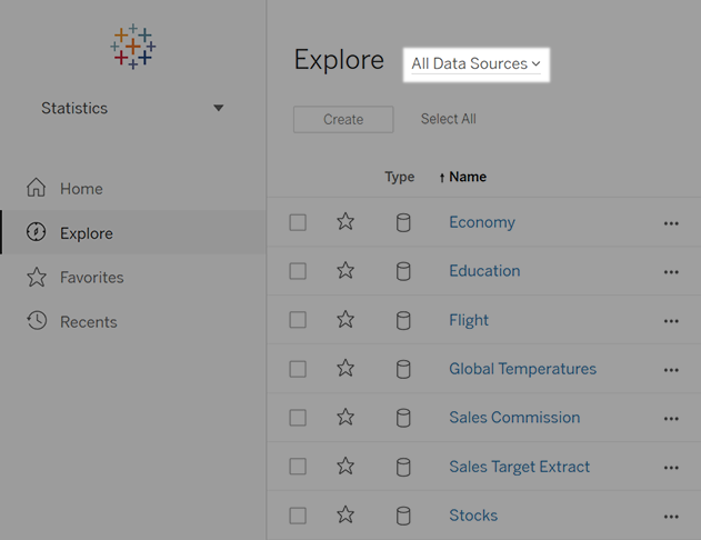 Explore filtered to data sources