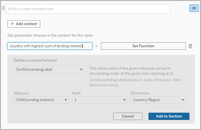 An open field for naming a context variable, an “Add context” button, and fields for defining the custom function.