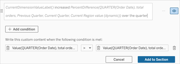 The condition dialog box is open, and custom content is entered for the increase from the previous quarter.