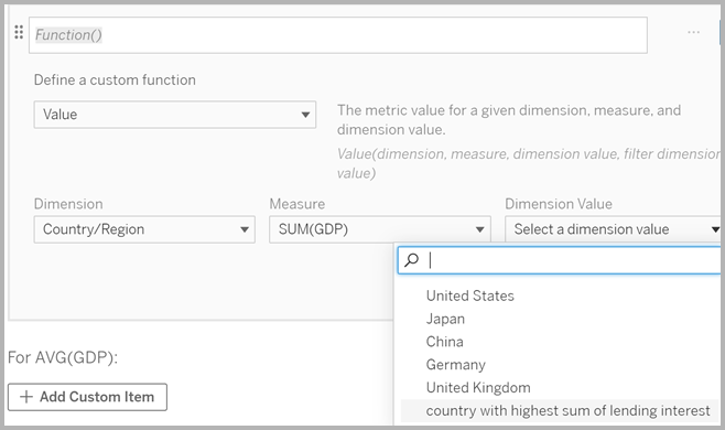 The function dialog box is open, and the field for defining the custom function has the custom context options listed.