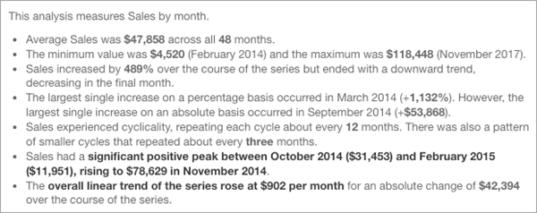 An example story with text insights about sales per month. The text in this image is transcribed in the following table.