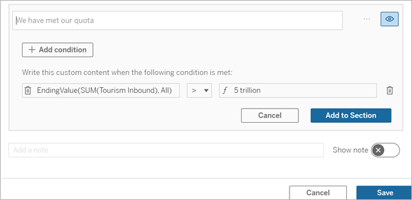 A text field where you can enter a condition. There is a button to “Add condition” and two formula fields to define when the condition is met.