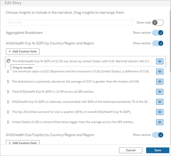 Edit story dialog box with a cursor (hand) icon hovering over a sentence to be clicked and dragged.