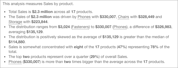 An example story with text insights about sales by product. The text in this image is transcribed in the following table.