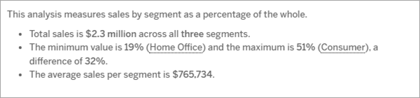 An example story with text insights about sales by segment. The text in this image is transcribed in the following table.