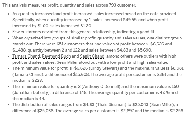 An example story with text insights about profit and sales. The text in this image is transcribed in the following table.