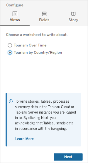 Configure pane with options to choose which sheet you want to write about