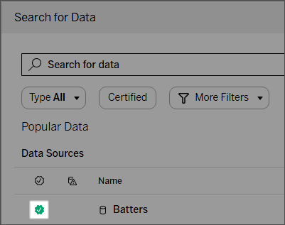 Certified badge on data source as it appears in Web Authoring or Desktop