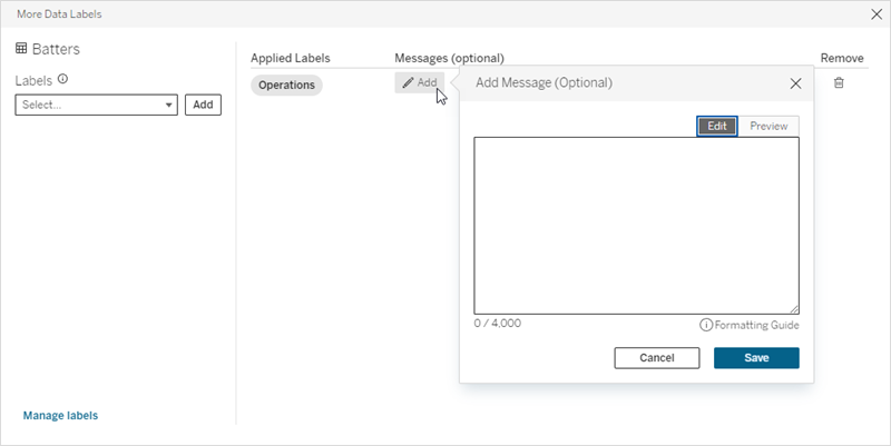 Adding a message in the More Data Labels dialog