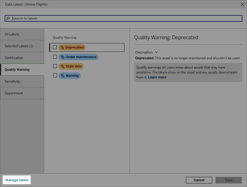 Using the Manage labels link to reach the Data Labels page