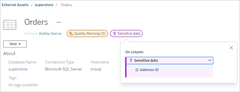 A sensitivity label on a table page