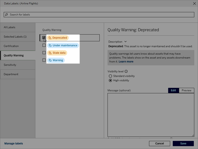 Label name in Data Quality Warning dialog