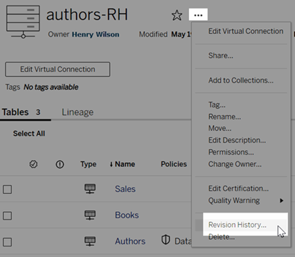 The actions menu with "Revision History…" highlighted.