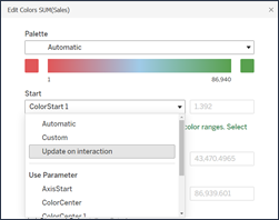 Edit colors dialog box with option to set start, center, and end to update on interaction.