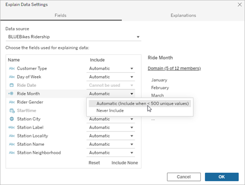 Analysed Fields in Explain Data - Tableau