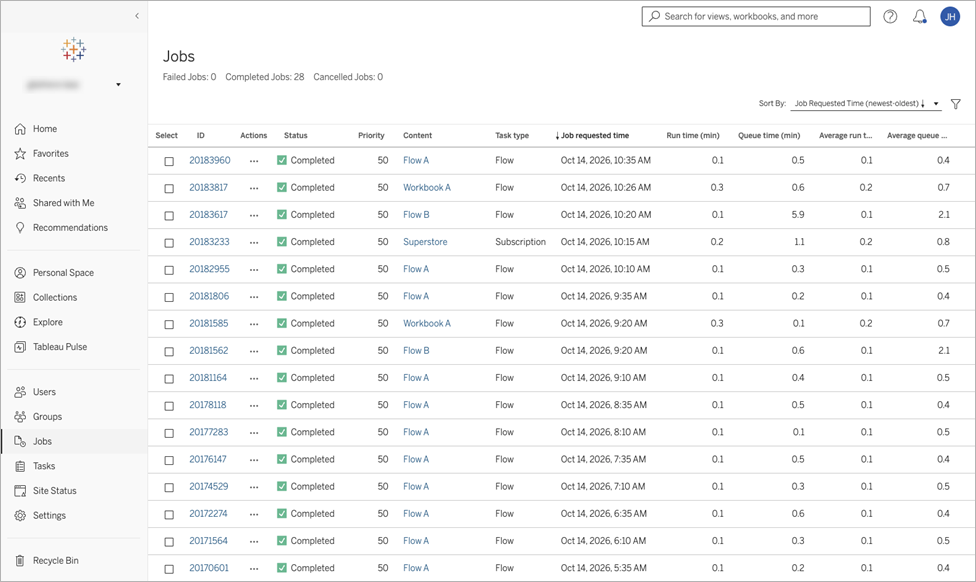 Jobs page table displaying job IDs, statuses, task types, and run times.
