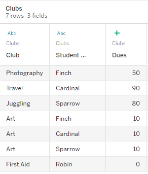 view data for the clubs table, showing the values for three fields