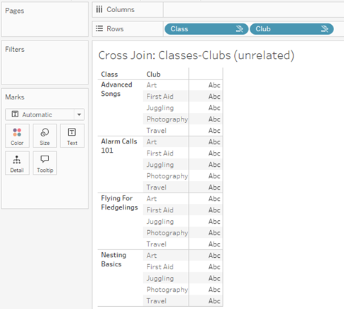 A viz showing a cross join of Class and Club with rows for every combination of Advanced Songs/Alarm Calls 101/Flying for Fledglings/Nesting Basics with Art/First Aid/Juggling/Photography. There is an unrelated icon shown on both dimension pills on the Rows shelf