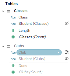 the data pane, with one entire table grayed out, and two fields with the slashed eye icon for hidden fields