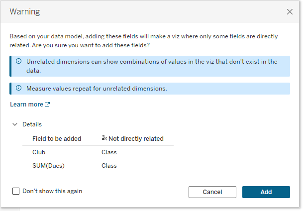 the relatedness warning dialog with a message for both unrelated dimensions and measures, and with the Details area expanded