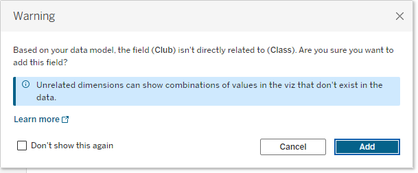 the relatedness warning dialog showing a warning for unrelated dimensions