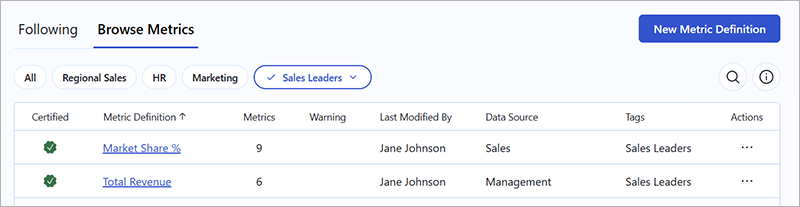 A list of metric definitions filtered by the tag Sales Leaders