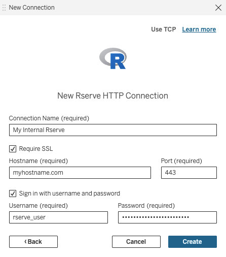 New Rserve HTTP Connection dialog with the Use TCP link in the upper-right corner, and fields for connection name, hostname, port, username, and password.