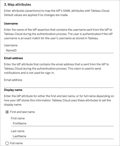 Screen shot of step 5 for configuring site SAML for Tableau Cloud -- matching attributes