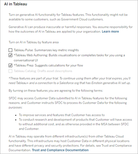 A section on the Site Settings page, General tab titled "AI in Tableau" where you can turn on generative AI features for trial.