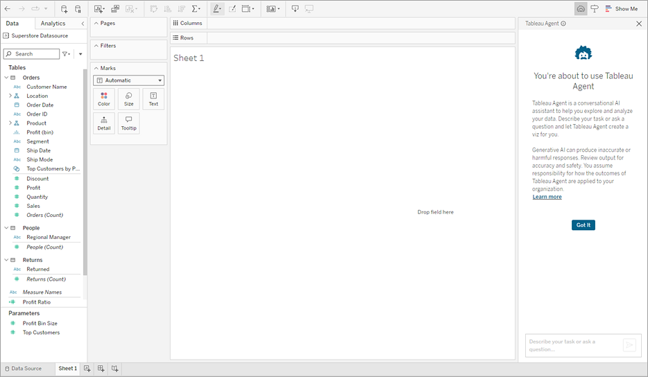 A blank worksheet woth the Einstein Copilot conversation pane open showing disclaimer text and a Got It button